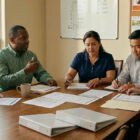 Volunteer HOA board members discussing community governance at a Texas neighborhood meeting