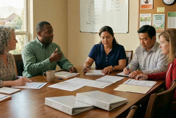 Volunteer HOA board members discussing community governance at a Texas neighborhood meeting