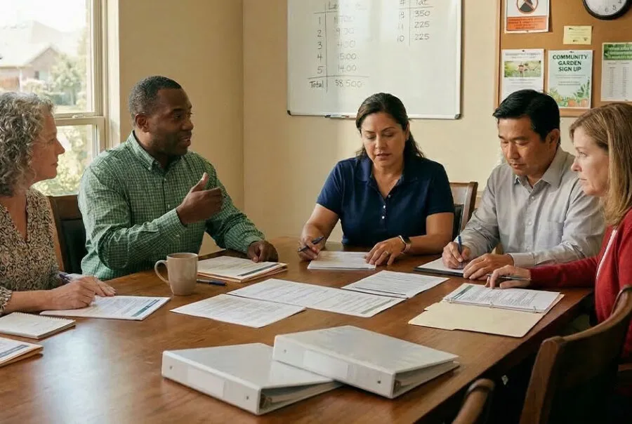 Volunteer HOA board members discussing community governance at a Texas neighborhood meeting