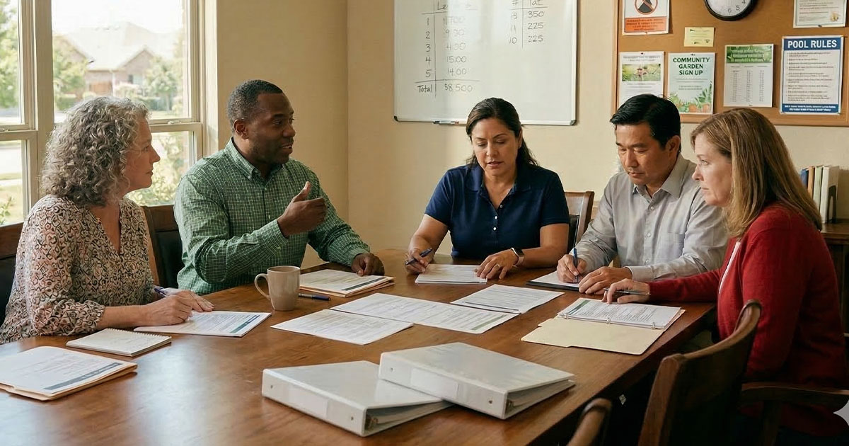 Volunteer HOA board members discussing community governance at a Texas neighborhood meeting