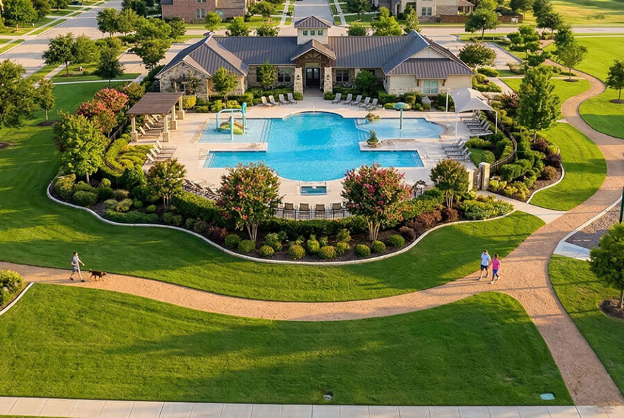 Well-maintained HOA community common areas funded by HOA fees in a Texas neighborhood