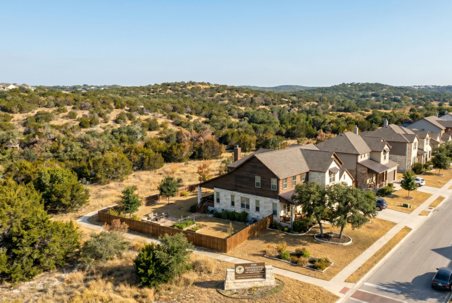 Austin neighborhood near greenbelt with wildfire risk"; "HOA community bordering natural vegetation in Austin Texas